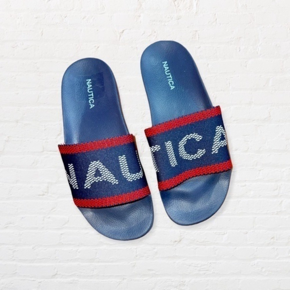 Nautica Navy Blue Logo Knit Strap Slide Sandals Boys US 6 Slip On Comfort Shoes